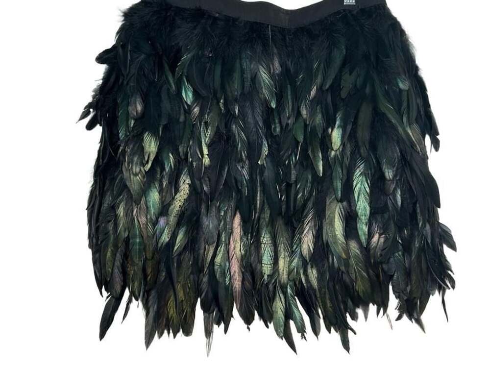 NWT SUGARLIPS Black and Green Iridescent Feather Mini Skirt Size L